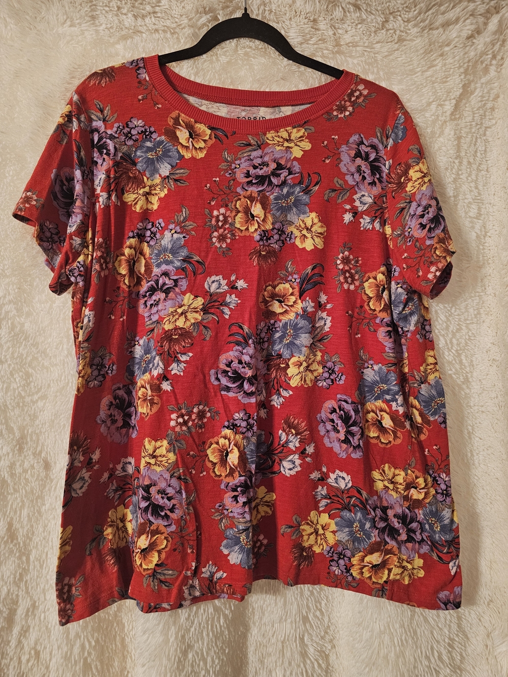 Torrid Red Floral Short-Sleeve Tee with Purple & Yellow Blooms